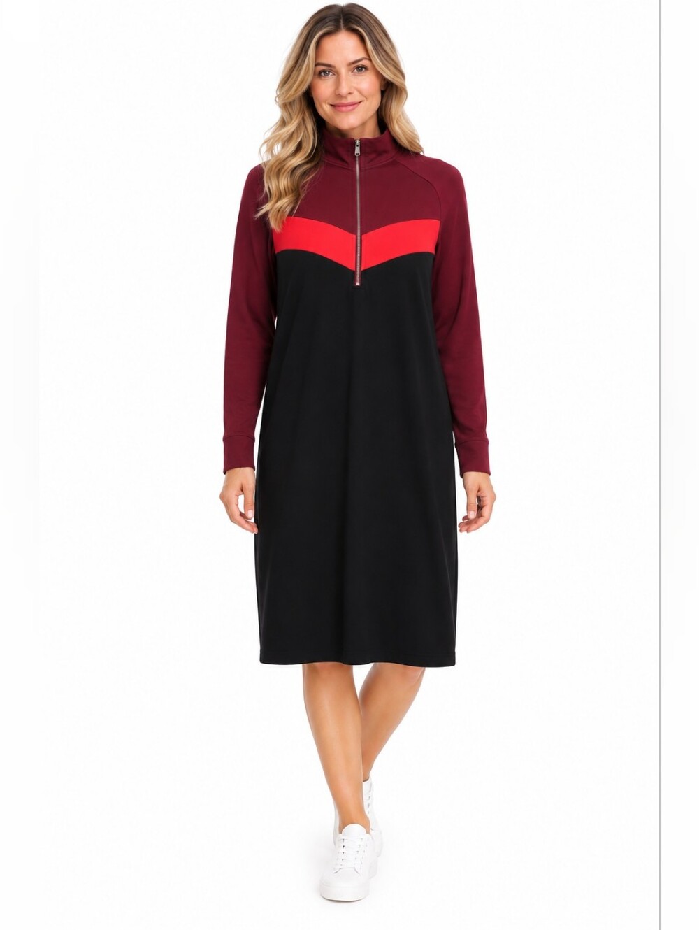 Express Burgundy, Red and Black Half-Zip Long Sleeve Dress Women's Large